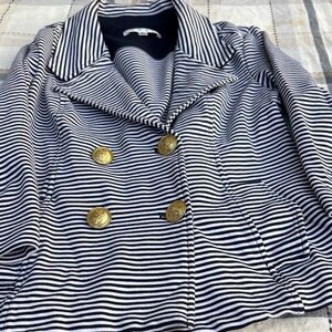 CAbi Navy and White Striped Blazer with Gold Buttons